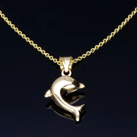 Delfin - Anhänger- mit glänzender Ankerkette (50cm) - Schmuckset in 14K / 585 Gold