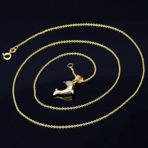 Delfin - Anhänger- mit glänzender Ankerkette (50cm) - Schmuckset in 14K / 585 Gold