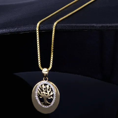 Schmuckset aus 585 / 14K Gold - Bicolor - Lebensbaum-Amulett und glänzende Venezianer - Halskette (45cm) in hochwertigem 14K / 585 Gelbgold