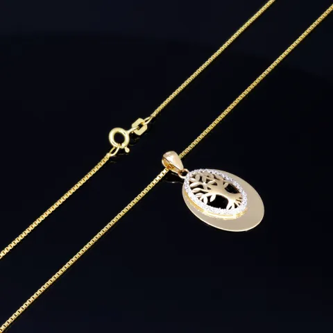 Schmuckset aus 585 / 14K Gold - Bicolor - Lebensbaum-Amulett und glänzende Venezianer - Halskette (45cm) in hochwertigem 14K / 585 Gelbgold