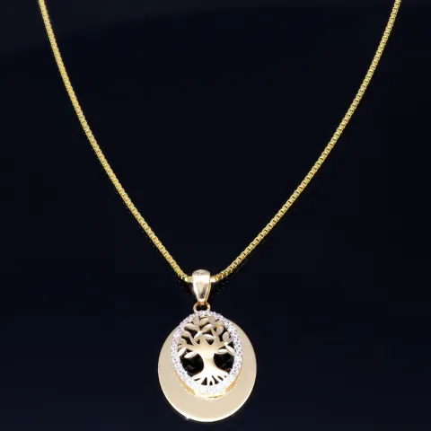 Schmuckset aus 585 / 14K Gold - Bicolor - Lebensbaum-Amulett und glänzende Venezianer - Halskette (45cm) in hochwertigem 14K / 585 Gelbgold