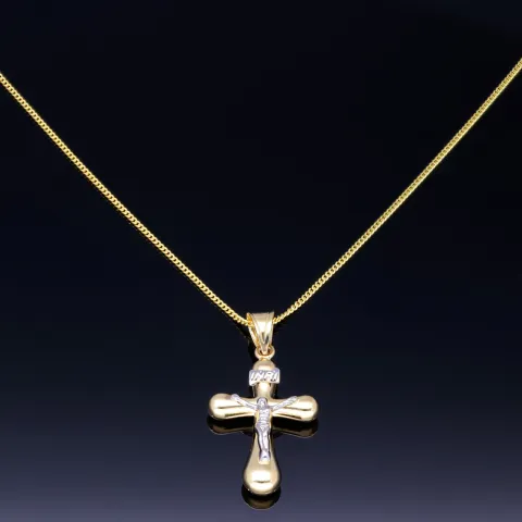 Schmuckset aus 585 / 14K Gold - Jesus - Kreuz -Anhänger aus Bicolor Gold in 14K und passende 2-seitig diamantierte Panzerkette - Halskette (60cm) in hochwertigem 14K / 585 Gold