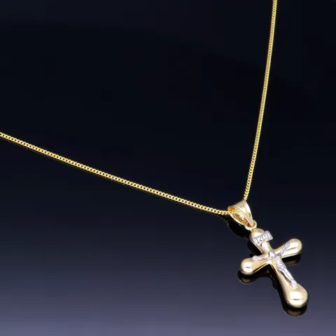 Schmuckset aus 585 / 14K Gold - Jesus - Kreuz -Anhänger aus Bicolor Gold in 14K und passende 2-seitig diamantierte Panzerkette - Halskette (60cm) in hochwertigem 14K / 585 Gold