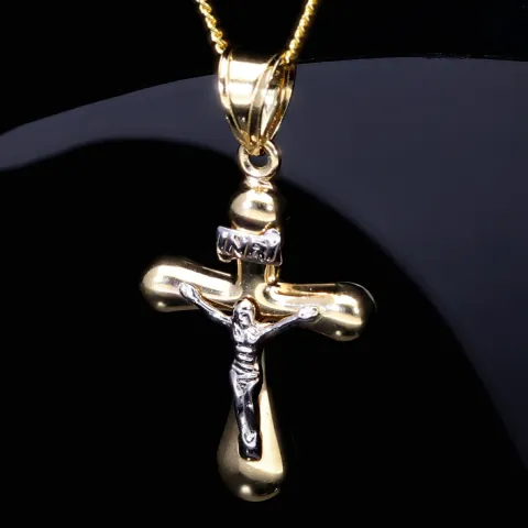 Schmuckset aus 585 / 14K Gold - Jesus - Kreuz -Anhänger aus Bicolor Gold in 14K und passende 2-seitig diamantierte Panzerkette - Halskette (60cm) in hochwertigem 14K / 585 Gold