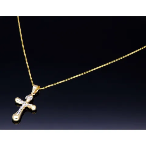 Schmuckset aus 585 / 14K Gold - Jesus - Kreuz -Anhänger aus Bicolor Gold in 14K und passende 2-seitig diamantierte Panzerkette - Halskette (60cm) in hochwertigem 14K / 585 Gold