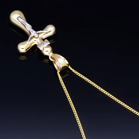 Schmuckset aus 585 / 14K Gold - Jesus - Kreuz -Anhänger aus Bicolor Gold in 14K und passende 2-seitig diamantierte Panzerkette - Halskette (60cm) in hochwertigem 14K / 585 Gold