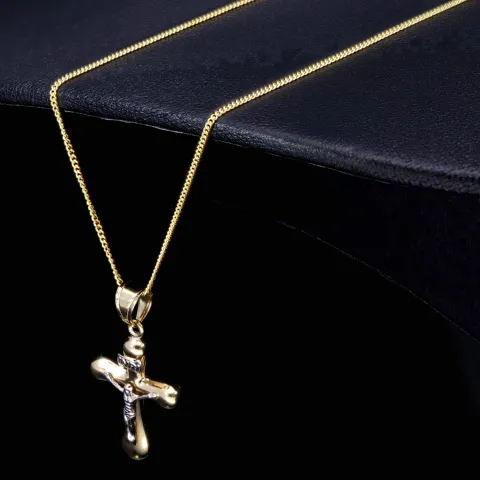 Schmuckset aus 585 / 14K Gold - Jesus - Kreuz -Anhänger aus Bicolor Gold in 14K und passende 2-seitig diamantierte Panzerkette - Halskette (60cm) in hochwertigem 14K / 585 Gold