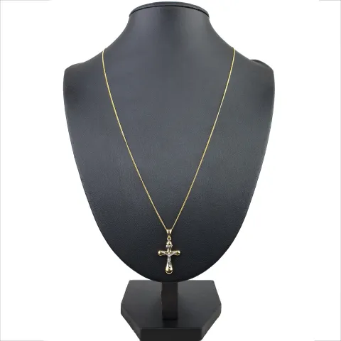 Schmuckset aus 585 / 14K Gold - Jesus - Kreuz -Anhänger aus Bicolor Gold in 14K und passende 2-seitig diamantierte Panzerkette - Halskette (60cm) in hochwertigem 14K / 585 Gold