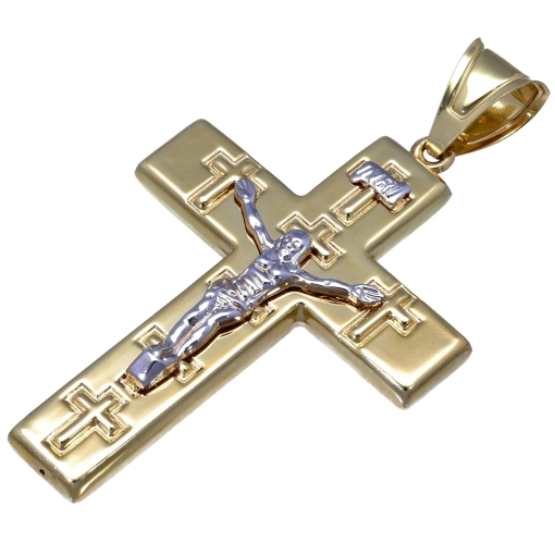 Großer, glänzender Jesus Christus Kreuz - Anhänger aus hochwertigem Gold 14k / 585 Bicolor Gelbgold und Weißgold