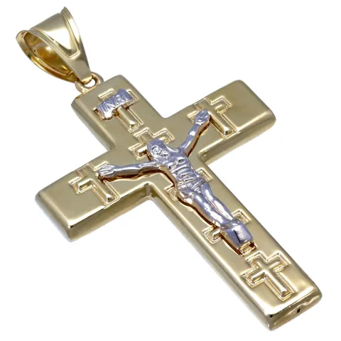 Großer, glänzender Jesus Christus Kreuz - Anhänger aus hochwertigem Gold 14k / 585 Bicolor Gelbgold und Weißgold