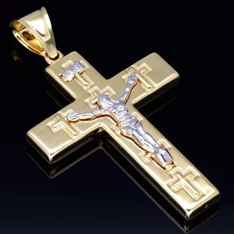 Großer, glänzender Jesus Christus Kreuz - Anhänger aus hochwertigem Gold 14k / 585 Bicolor Gelbgold und Weißgold