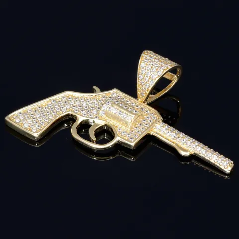 Goldener Colt - Revolver -Anhänger - Pistole aus 585 / 14K Gold mit Zirkonia