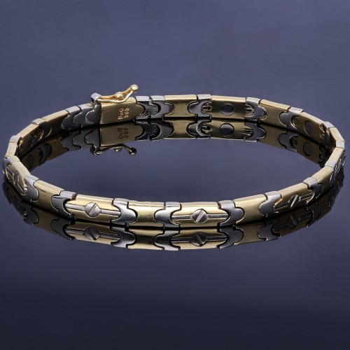 Massives Bicolor-Armband aus glänzendem 14K 585er Weiß- und Gelbgold in retrofuturistischem Design  (ca. 20cm Länge)