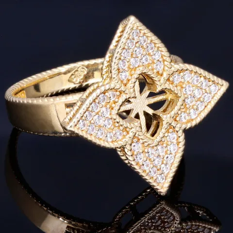 Schöner Ring für Damen in stilvollem Design einer Blume aus edlem 585 14K Gelbgold mit funkelnden Zirkoniasteinen in Ringgröße ca. 58-59