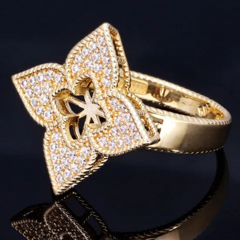 Schöner Ring für Damen in stilvollem Design einer Blume aus edlem 585 14K Gelbgold mit funkelnden Zirkoniasteinen in Ringgröße ca. 58-59