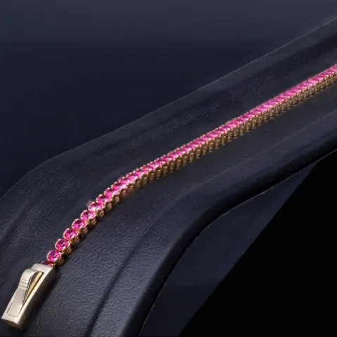 Tennisarmband mit leuchtenden, rosa-rot, pinken Zirkoniasteinen aus hochwertigem 585 14K Gold in (ca. 19 cm Länge)