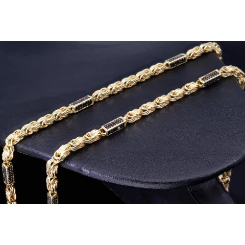 Königskette mit schwarzem Zirkoniabesatz aus 585er Gelbgold (14k)- 60cm lang, 3,3 mm breit