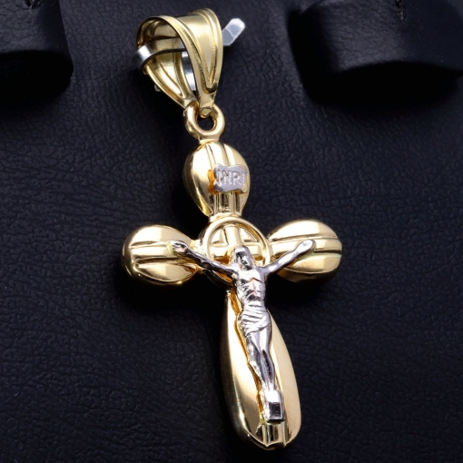 Filigran, detailliert verzierter Jesus Christus Kreuzanhänger aus Gold 14k (585er) Gelbgold und Weißgold (Bicolor)