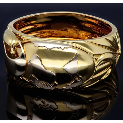 Wempe Markenschmuck: Aufwendig produzierter und massiver Armreif für Damen in exklusivem Design mit "Globus und Segelschiff-Motiv" aus Bicolor Gold 18K / 750 Gelbgold und Weißgold (Maße Innen: 5,7cm * 5,3cm)
