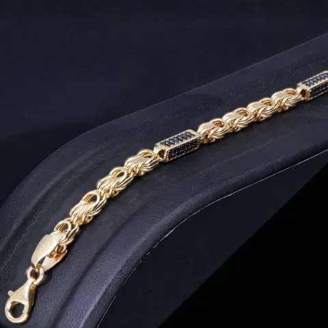 Edles Königsarmband mit schwarzen, glitzernden Zirkoniasteinen aus 585er Gelbgold (14K) in ca. 21,5 cm Länge, 3,5mm
