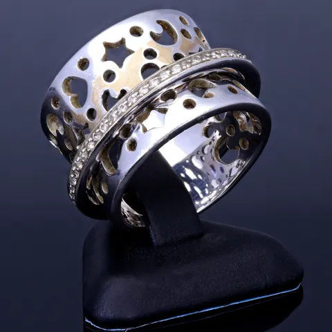 Damenring aus 750er 18k - Weißgold (Stern-, Mond-, Herz-Muster) mit Brillantbesatz