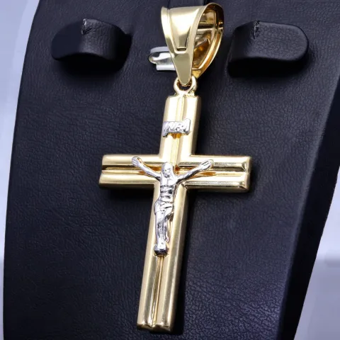 Edler Jesus Christus Kreuz-Anhänger aus funkelndem Gold (14k / 585 Bicolor Gelbgold und Weißgold)