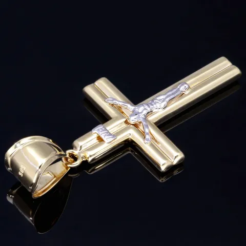 Edler Jesus Christus Kreuz-Anhänger aus funkelndem Gold (14k / 585 Bicolor Gelbgold und Weißgold)