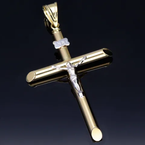 Kruzifix-Anhänger - Jesus Christus Kreuz aus edlem Gold 14k/585 Bicolor Gelbgold und Weißgold