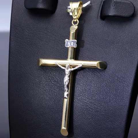 Kruzifix-Anhänger - Jesus Christus Kreuz aus edlem Gold 14k/585 Bicolor Gelbgold und Weißgold