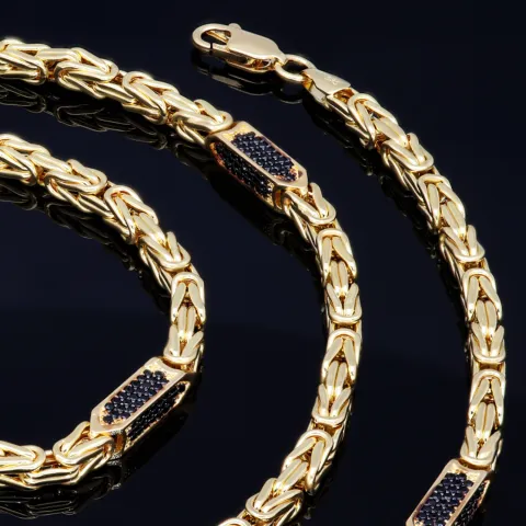 Königskette mit schwarzen Zirkonia aus 585er Gelbgold (14k)- 65cm lang, 4,5 mm breit, 28g