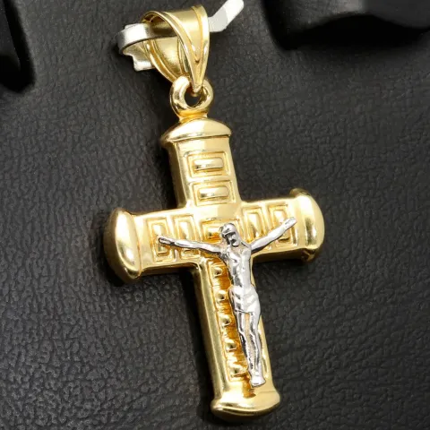 Filigraner Jesus Christus Kruzifix Kreuz-Anhänger in modernem Design aus 14k / 585 Bicolor Gelbgold und Weißgold