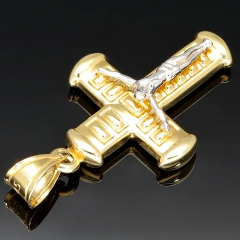 Filigraner Jesus Christus Kruzifix Kreuz-Anhänger in modernem Design aus 14k / 585 Bicolor Gelbgold und Weißgold