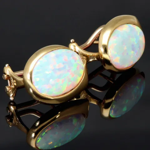 1 Paar Gold Ohrstecker / Ohrringe mit wertigem und praktischen Verschluss in 14K / 585 Gelbgold, mit jeweils einer faszinierenden, in Regenbogenfarben leuchtenden Opal-Dublette bestückt