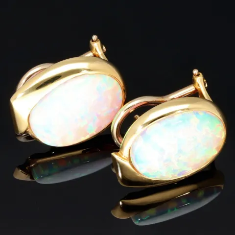 1 Paar Gold Ohrstecker / Ohrringe mit wertigem und praktischen Verschluss in 14K / 585 Gelbgold, mit jeweils einer faszinierenden, in Regenbogenfarben leuchtenden Opal-Dublette bestückt