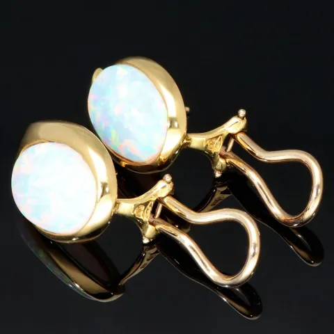 1 Paar Gold Ohrstecker / Ohrringe mit wertigem und praktischen Verschluss in 14K / 585 Gelbgold, mit jeweils einer faszinierenden, in Regenbogenfarben leuchtenden Opal-Dublette bestückt