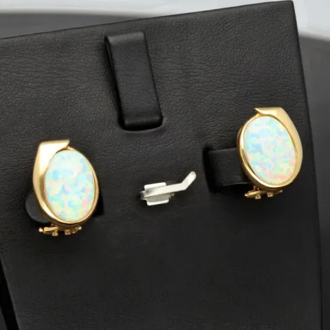 1 Paar Gold Ohrstecker / Ohrringe mit wertigem und praktischen Verschluss in 14K / 585 Gelbgold, mit jeweils einer faszinierenden, in Regenbogenfarben leuchtenden Opal-Dublette bestückt