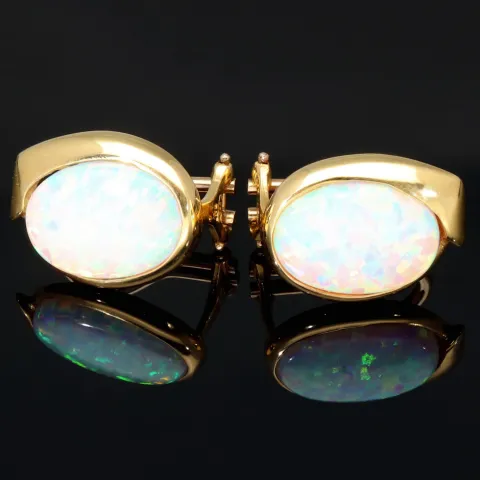 1 Paar Gold Ohrstecker / Ohrringe mit wertigem und praktischen Verschluss in 14K / 585 Gelbgold, mit jeweils einer faszinierenden, in Regenbogenfarben leuchtenden Opal-Dublette bestückt