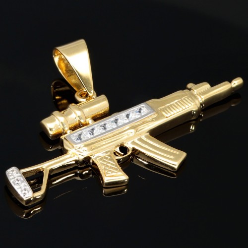 Glänzender Gewehr-Anhänger - Scharfschützengewehr aus edlem 585 14K Bicolor Gold mit Zirkonia