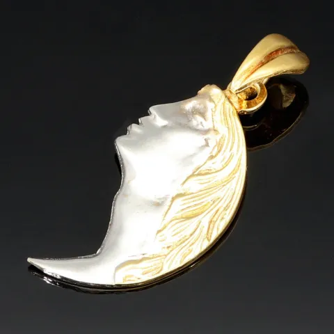 Außergewöhnlicher Bicolor Gold-Anhänger mit dem Motiv eines Gesichts in Form eines Halbmondes (585er Weißgold und Gelbgold 14k)