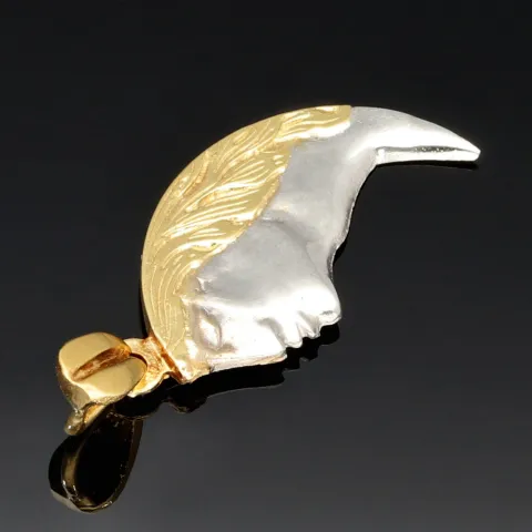 Außergewöhnlicher Bicolor Gold-Anhänger mit dem Motiv eines Gesichts in Form eines Halbmondes (585er Weißgold und Gelbgold 14k)