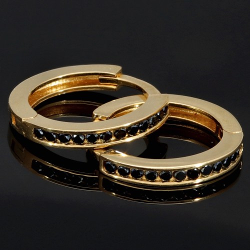 Mini Creolen mit schwarzen Zirkoniasteinen aus exquisitem Gold (585er 14K Gelbgold)