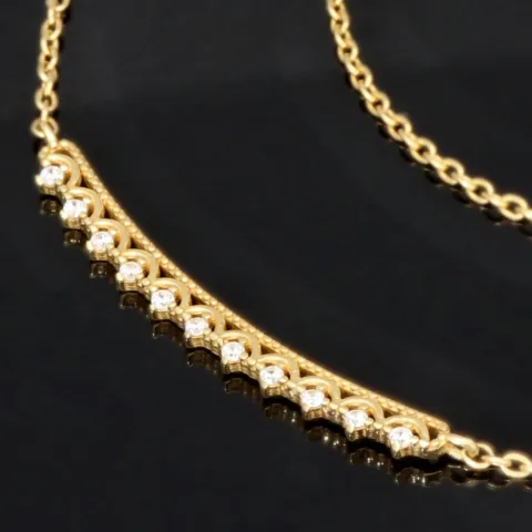 Feines Damencollier aus 585er (14k) Gelbgold mit einem von Zirkoniasteinen besetzten Anhänger in graziösem Design (Länge ca. 45 cm)