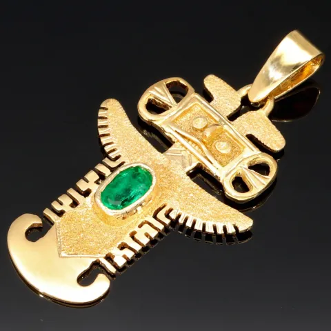 Precolombino - Präkolumbianisches Motiv aus der Tolima Kultur als 18k-Goldanhänger mit einem leuchtend tannengrünen Smaragd (ca. 0,38ct.) - in aufwendiger Handarbeit hergestellt