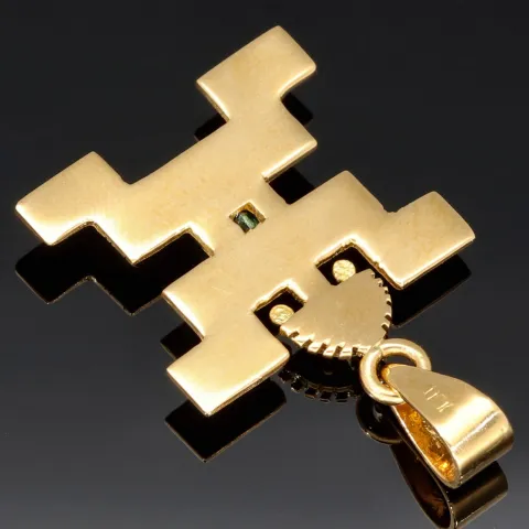 Außergewöhnlicher kolumbianischer Precolombino Gold-Anhänger mit präkolumbianischen Motiv Hombre Jaguar aus der Quimbaya Kultur gefertigt mit hochwertigem 750 18K Gold, veredelt mit einem exquisiten Smaragd (ca. 0,26 ct.)