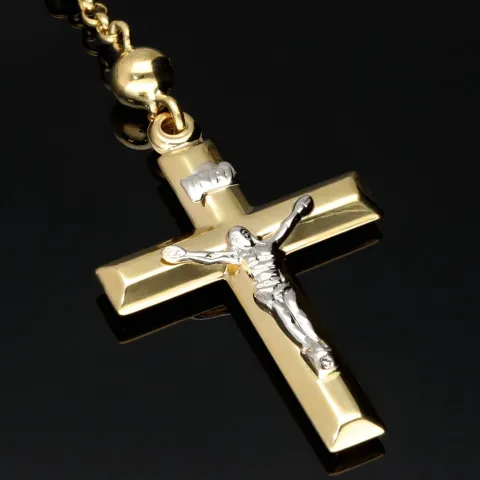 Edle Rosenkranz Y-Kette mit kleinem Amulett und Kreuzanhänger in hochwertigem 14K / 585 Bicolor Gold - Gelbgold und Weißgold - (ca. 17,7g)