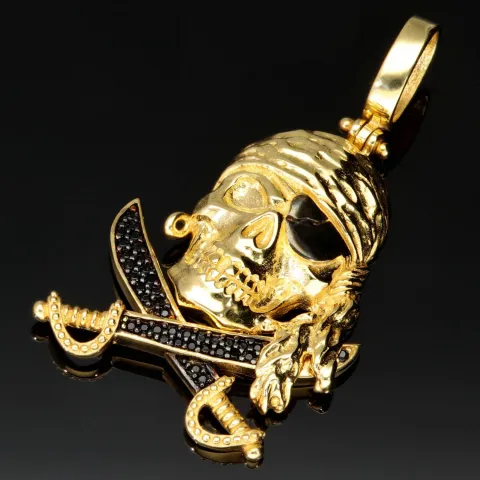 Gold-Anhänger mit Motiv: "Pirat / Totenkopf mit Augenklappe mit gekreuzten Säbeln" in 585er 14K Gelbgold mit schwarzem Zirkoniabesatz
