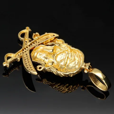 Gold-Anhänger mit Motiv: "Pirat / Totenkopf mit Augenklappe mit gekreuzten Säbeln" in 585er 14K Gelbgold mit schwarzem Zirkoniabesatz