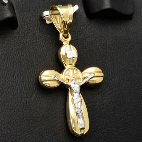 Kruzifix-Kreuz Anhänger - Jesus Christus aus glanzvollem Gold 14k (585) Gelbgold und Weißgold