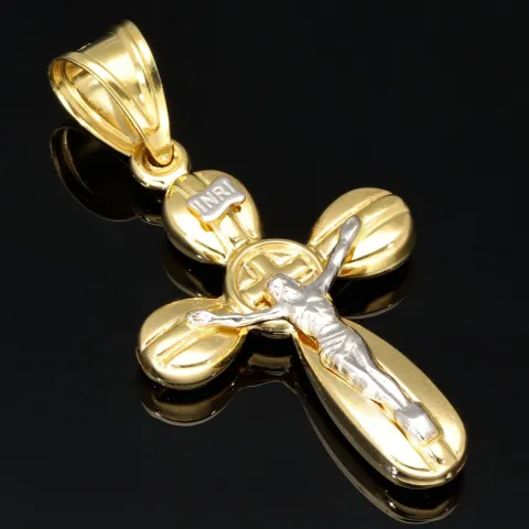 Kruzifix-Kreuz Anhänger - Jesus Christus aus glanzvollem Gold 14k (585) Gelbgold und Weißgold