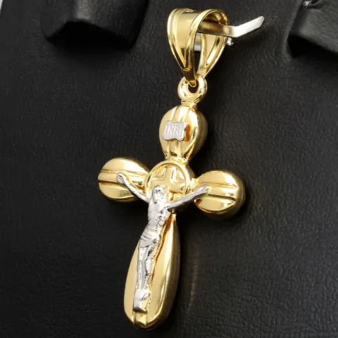 Kruzifix-Kreuz Anhänger - Jesus Christus aus glanzvollem Gold 14k (585) Gelbgold und Weißgold
